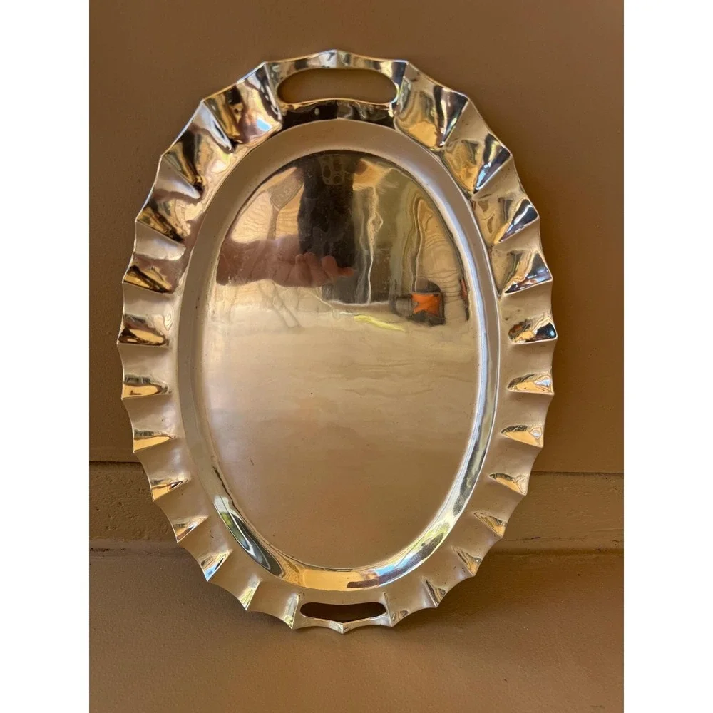 Vintage Juventino Lopez Reyes - Sterling Silver Scalloped Oval Tray - Mexico JLR